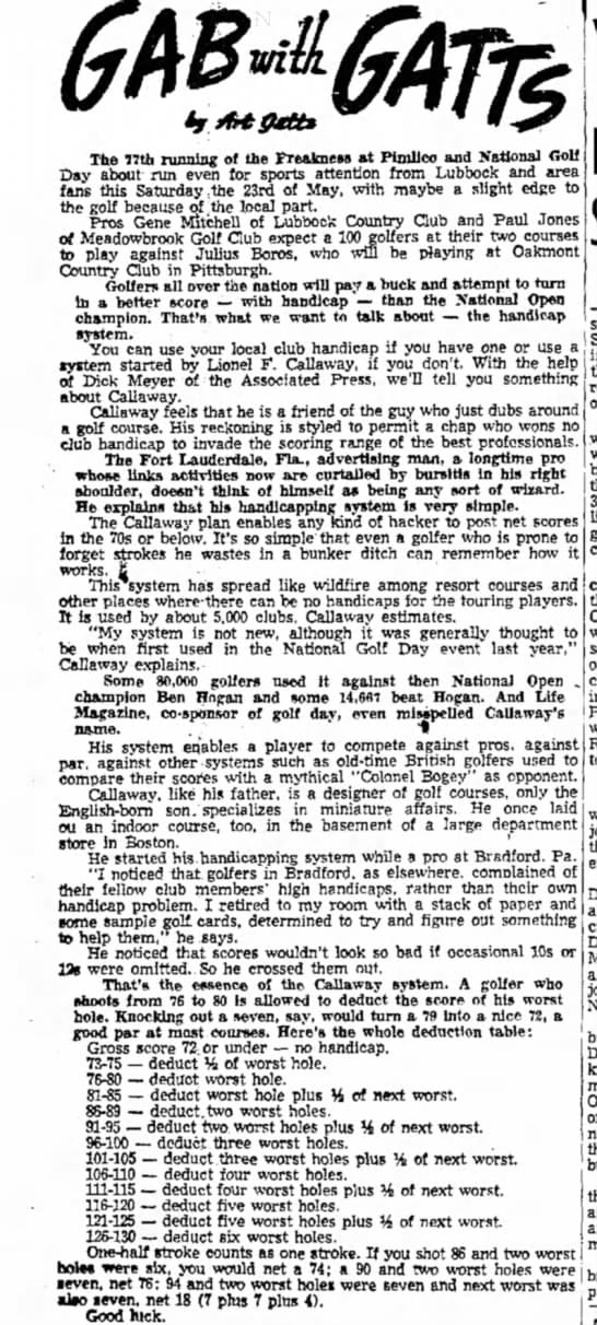 Callaway Handicap described in 1953 Newspaper Clipping