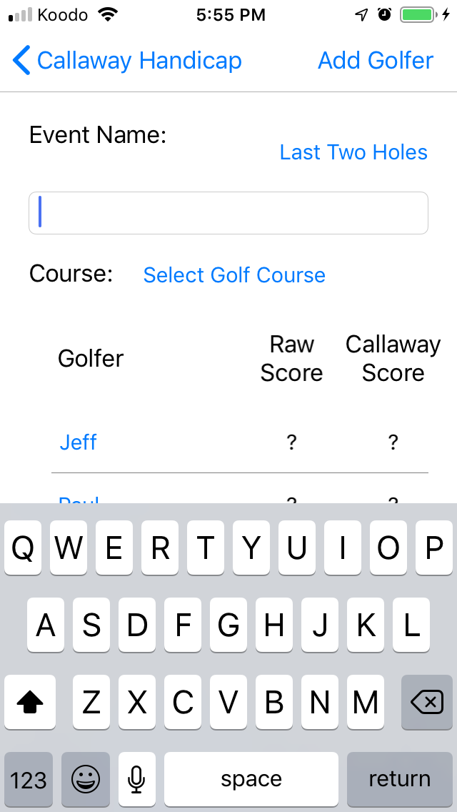 Added Two Golfers for Second Event screenshot from Cruncher Callaway Handicap Calculator App on iPhone