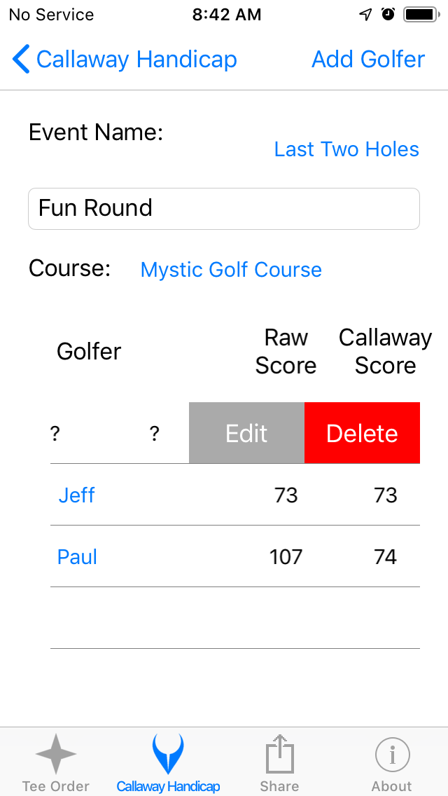 Deleting Golfer screenshot from Cruncher Callaway Handicap Calculator App on iPhone