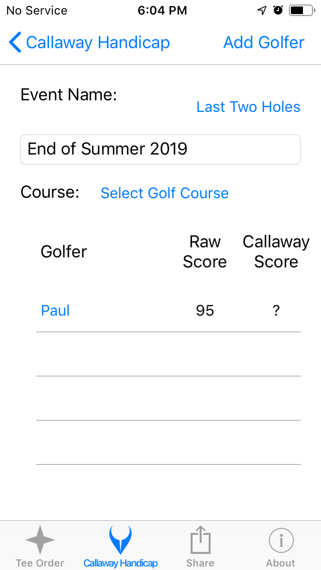 Golfer Scores Entered screenshot from Cruncher Callaway Handicap Calculator App on iPhone