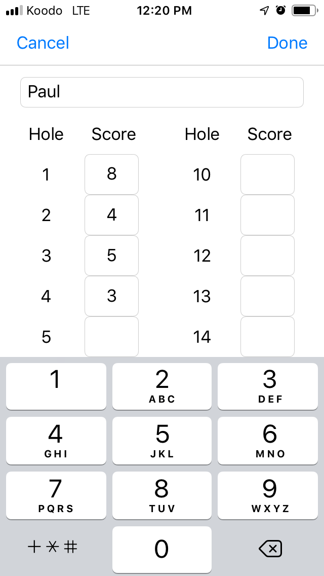 Enter Golfer Scores screenshot from Cruncher Callaway Handicap Calculator App on iPhone