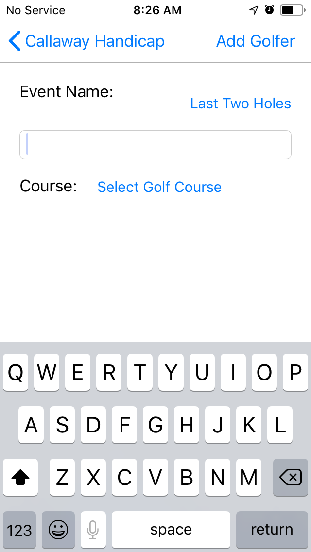 Empty Events screenshot from Cruncher Callaway Handicap Calculator App on iPhone