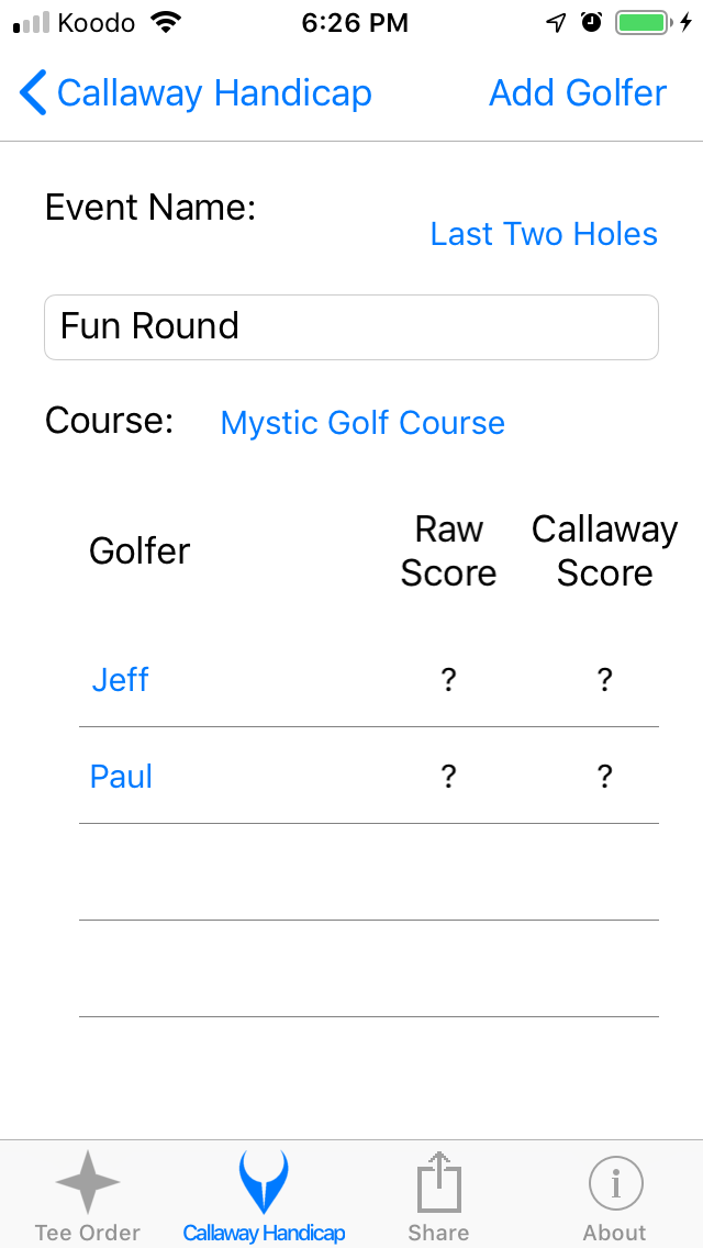 Mystic Round added to Event screenshot from Cruncher Callaway Handicap Calculator App on iPhone