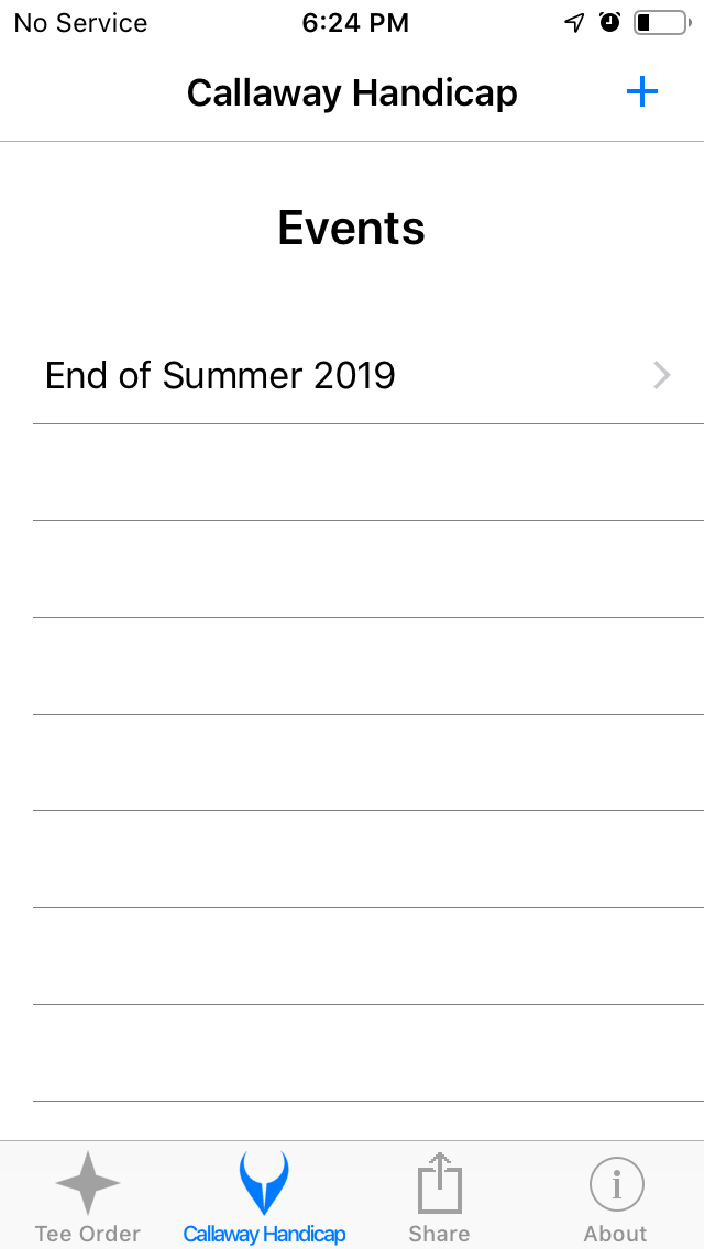 List of Events screenshot from Cruncher Callaway Handicap Calculator App on iPhone