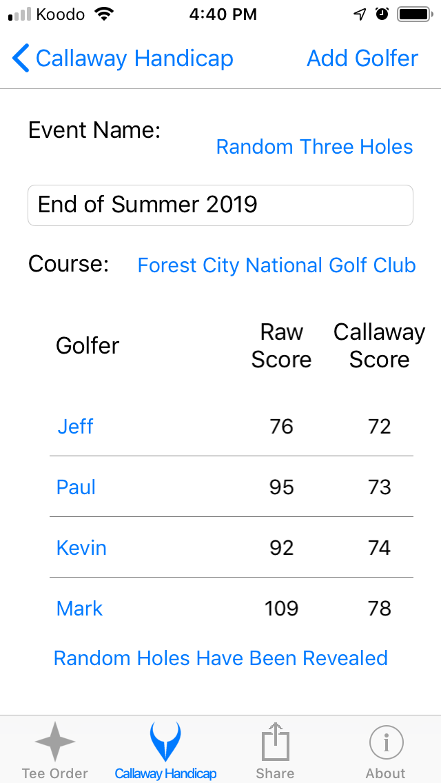 Revealed the Random Three Holes Excluded screenshot from Cruncher Callaway Handicap Calculator App on iPhone