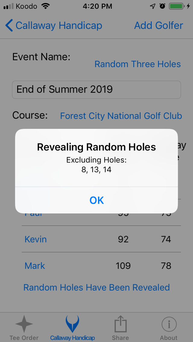 Revealing the Random Three Holes Excluded screenshot from Cruncher Callaway Handicap Calculator App on iPhone