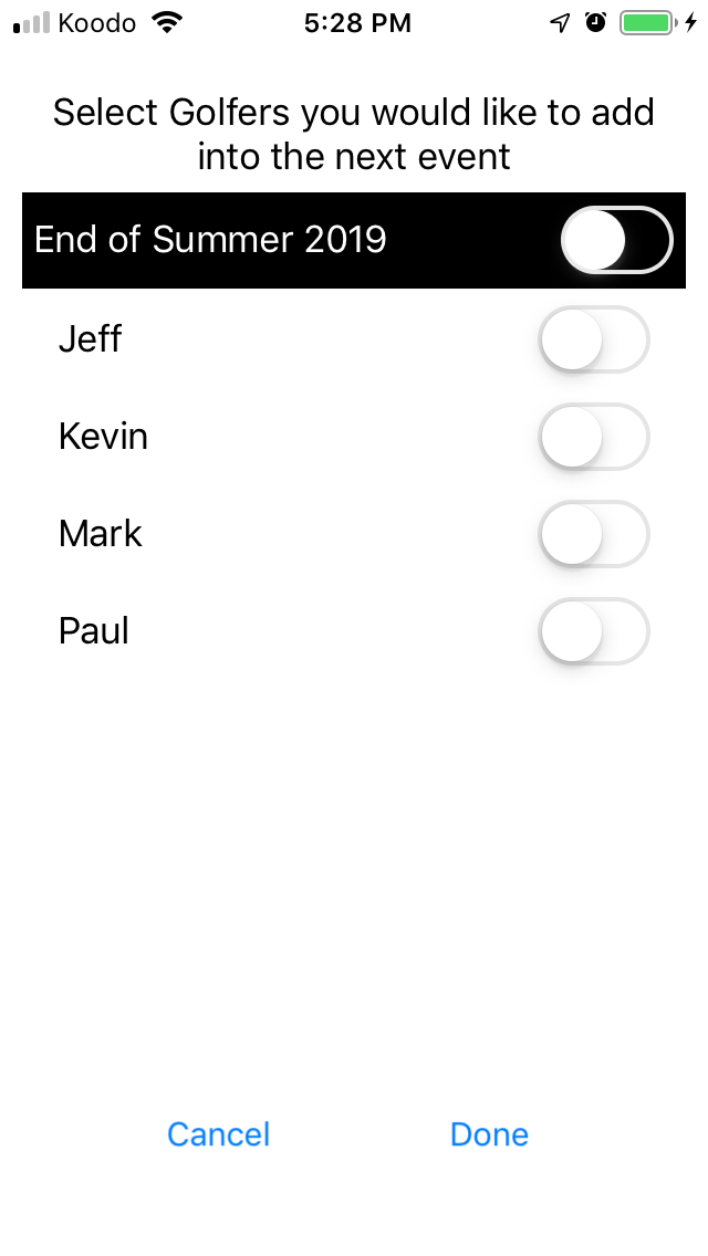 Select Golfers for Second Event screenshot from Cruncher Callaway Handicap Calculator App on iPhone
