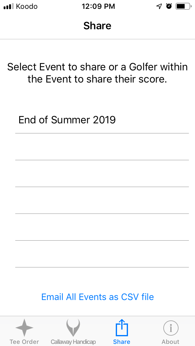 Sharing Tab screenshot from Cruncher Callaway Handicap Calculator App on iPhone