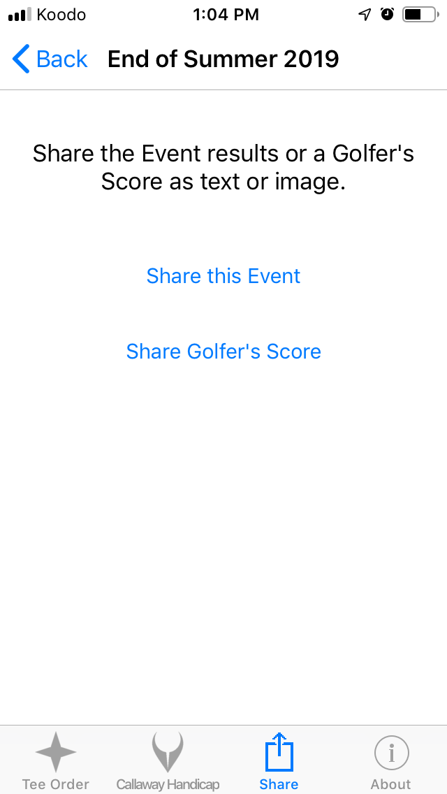Share Event screenshot from Cruncher Callaway Handicap Calculator App on iPhone