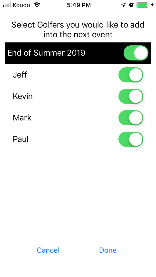 Toggled All Golfers for Second Event screenshot from Cruncher Callaway Handicap Calculator App on iPhone