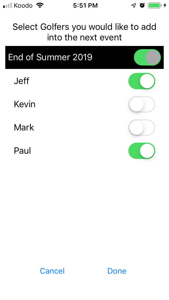 Toggled Two Golfers for Second Event screenshot from Cruncher Callaway Handicap Calculator App on iPhone